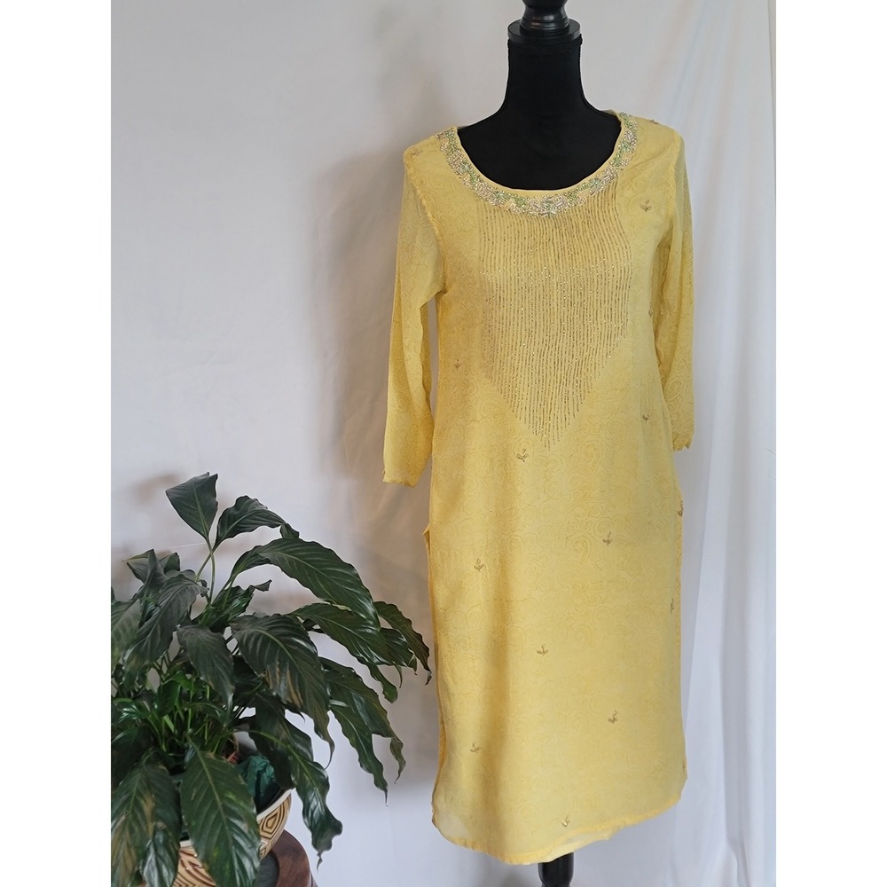 Jay Vardhan Yellow Embroidered Sequin Kurti Tunic Top Paisley Damask XL 42